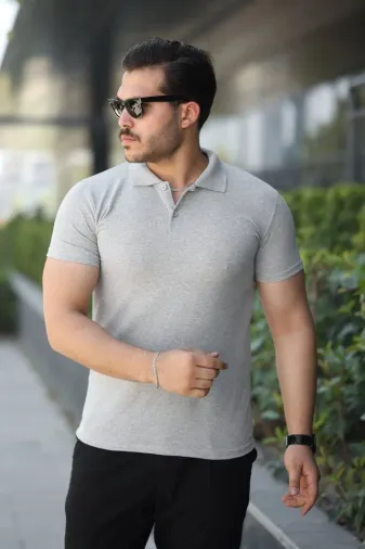 Erkek Kısa Kollu Yakalı Tişört - 2XL - Gri