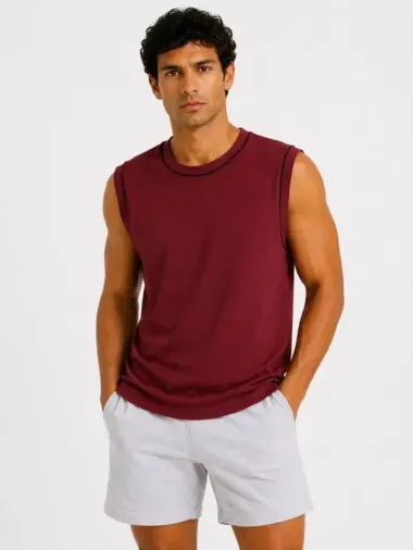 Erkek Kontrast Biyeli Kolsuz Atlet Bisiklet Yaka Yazlık Basic Atlet - Bordo - 2XL - Bordo