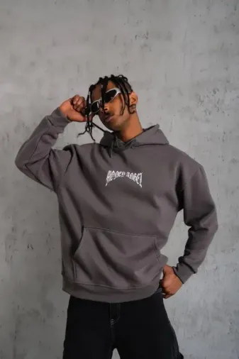 Erkek Kordon İpli Baskılı Kapüşonlu Sweatshirt - Füme - L - Füme