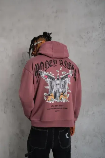 Erkek Kordon İpli Baskılı Kapüşonlu Sweatshirt - Gül Kurusu - M - Gül Kurusu