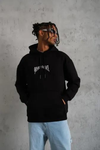Erkek Kordon İpli Baskılı Kapüşonlu Sweatshirt - Siyah - XL - Siyah