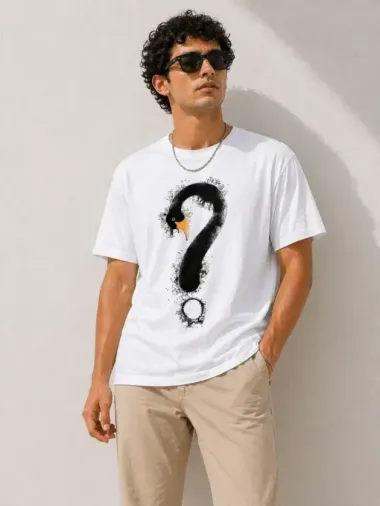 Erkek Kuğu Figürlü Soru İşareti Baskılı Tişört Kısa Kol T-Shirt - Beyaz - 2XL - Beyaz