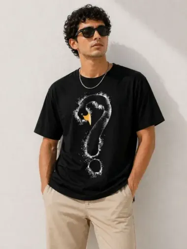 Erkek Kuğu Figürlü Soru İşareti Baskılı Tişört Kısa Kol T-Shirt - Siyah - S - Siyah