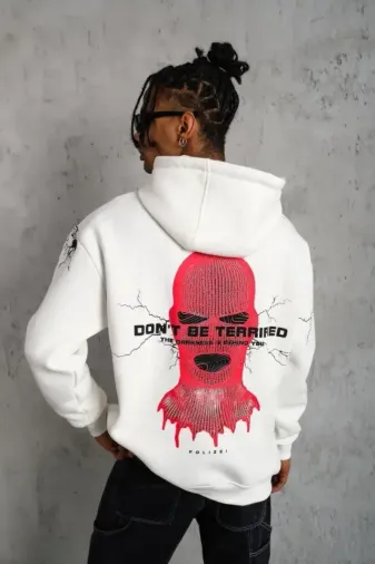 Erkek Maske Baskılı Kapüşonlu Sweat - Beyaz - L - Beyaz