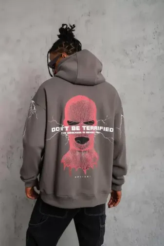 Erkek Maske Baskılı Kapüşonlu Sweat - Gri - M - Gri