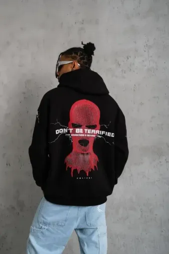 Erkek Maske Baskılı Kapüşonlu Sweat - Siyah - L - Siyah