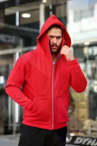 Erkek Maskeli Ninja Model Çift Kapüşonlu 3 İplik Şardonlu Fermuarlı Sweatshirt - Kırmızı - L - Kırmızı