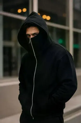 Erkek Maskeli Ninja Model Çift Kapüşonlu 3 İplik Şardonlu Fermuarlı Sweatshirt - Siyah - XL - Siyah