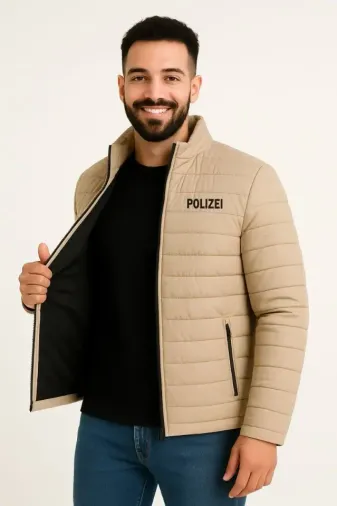 Erkek Mikro Su İtici Kapitone Baskılı Astarlı Fermuarlı Bomber Mont - Bej - S - Bej