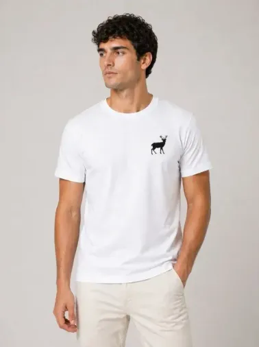 Erkek Minimal Geyik Logolu Tişört Bisiklet Yaka Kısa Kol Yazlık T-Shirt - Beyaz - M - Beyaz