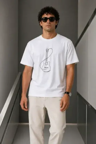 Erkek Minimal Gitar Baskılı Tişört T-Shirt Yazlık Kısa Kol Bisiklet Yaka T-Shirt - Beyaz - XS - Beyaz