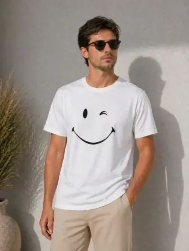 Erkek Minimal Gülümseyen Yüz Baskılı Tişört Kısa Kol Yazlık T-Shirt - Beyaz - XL - Beyaz