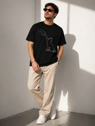 Erkek Minimal Kedi Çizim Baskılı Tişört Kısa Kol Yazlık T-Shirt - Siyah - L - Siyah