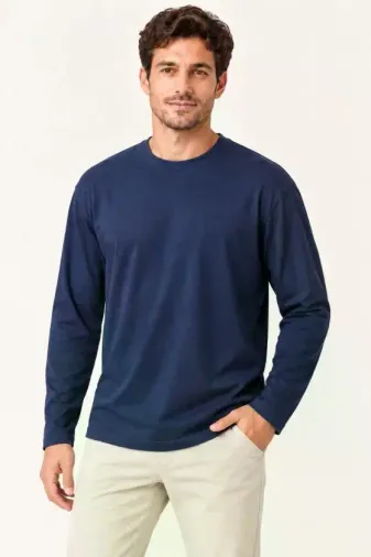 Erkek Modal Yumuşak Dokulu Bisiklet Yaka Uzun Kollu Tişört Sweatshirt - Lacivert - XL - Lacivert