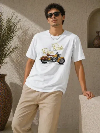Erkek Motosiklet Baskılı Tişört Bisiklet Yaka Kısa Kol Yazlık T-Shirt - Beyaz - 2XL - Beyaz