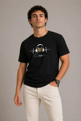 Erkek Müzik Temalı Baskılı Tişört Bisiklet Yaka Kısa Kol T-Shirt - Siyah - XL - Siyah
