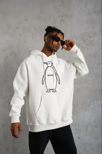 Erkek Nihilist Penguen Özel Tasarım Oversize Kapüşonlu Sweatshirt - Beyaz - S - Beyaz