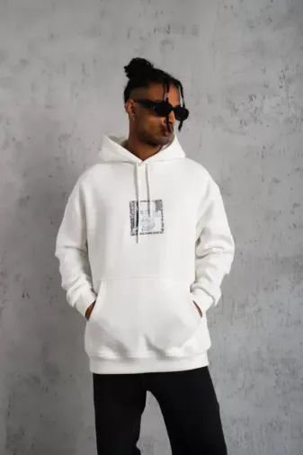 Erkek Ön Arka Baskılı Kapşonlu Sweat - Beyaz - L - Beyaz