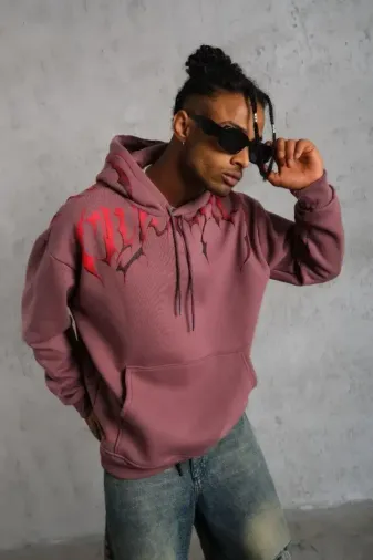 Erkek Ön Ve Arka Baskılı Kapüşonlu 3 İplik Sweatshirt - Gül Kurusu - XL - Gül Kurusu