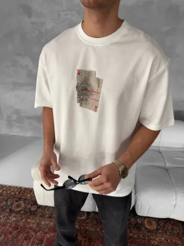Erkek Ön Ve Arka Baskılı Oversize Bisiklet Yaka T-shirt - Beyaz - XL - Beyaz