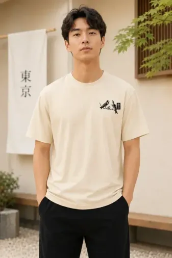Erkek Ön Ve Arka Tokyo Kuş Çiçek Baskılı Oversize T-Shirt - Ekru - XL - Ekru
