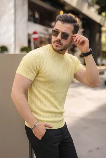 Erkek Örgü Desen Bisiklet Yaka Triko Tişört - %100 Pamuk Akrilik - 2XL - Açık Sarı