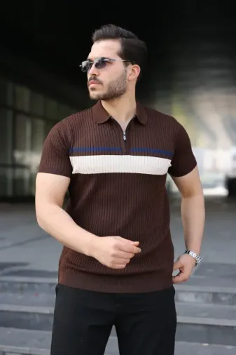 Erkek Örgü Desenli Renkli Kısa Kollu Triko Tişört - L - Acı Kahve