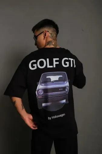 Erkek Oversize Baskılı Tişört – Golf GTI Retro Araba Desenli, Ön - Arka Dijital Baskı, Sokak Modası Stil - Siyah - L - Siyah