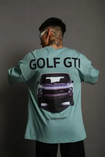 Erkek Oversize Baskılı Tişört – Golf GTI Retro Araba Desenli, Ön - Arka Dijital Baskı, Sokak Modası Stil - Mint Yeşili - M - Mint Yeşili