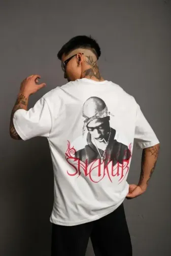 Erkek Oversize Tişört – Beyaz 24/1 Penye Kumaş, Bisiklet Yaka, Ön - Arka Baskılı, Streetwear Tarzı Rahat Büyük Kalıp T-Shirt- Beyaz - XL - Beyaz
