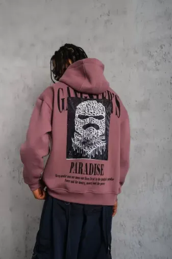 Erkek Paradise Baskılı Kapüşonlu Sweat - Gül Kurusu - M - Gül Kurusu