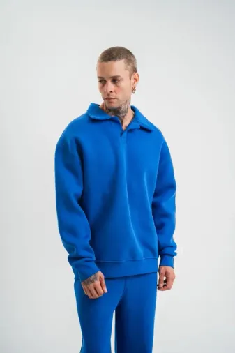 Erkek Patlı Yaka Üç İplik Pamuklu Sweatshirt Double Oversize Rahat Kalıp Günlük Kullanım - Mavi - L - Mavi