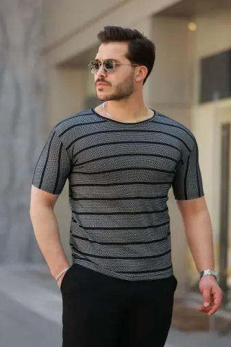 Erkek Petek Desenli Kısa Kollu T-shirt - 2XL - Siyah