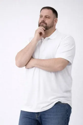 Erkek Pike Kumaş Düğmeli Yaka Battal Büyük Beden Günlük Kısa Kol Tişört T-shirt - Beyaz - 2XL - Beyaz