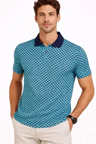 Erkek Pike Kumaş Polo Yaka Desenli Tişört Kısa Kol Yazlık T-Shirt - Turkuaz - M - Turkuaz