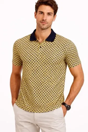 Erkek Pike Kumaş Polo Yaka Desenli Tişört Kısa Kol Yazlık T-Shirt - Sarı - M - Sarı