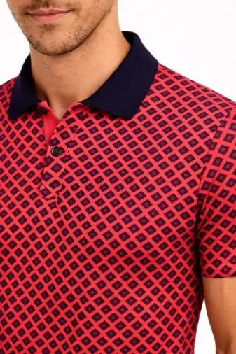Erkek Pike Kumaş Polo Yaka Desenli Tişört Kısa Kol Yazlık T-Shirt - Kırmızı - S - Kırmızı