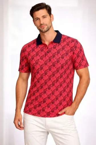 Erkek Pike Kumaş Polo Yaka Palmiye Desenli Tişört Kısa Kol Yazlık T-Shirt - Kırmızı - M - Kırmızı