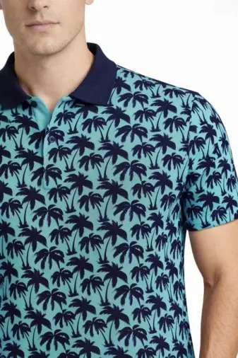 Erkek Pike Kumaş Polo Yaka Palmiye Desenli Tişört Kısa Kol Yazlık T-Shirt - Turkuaz - 2XL - Turkuaz