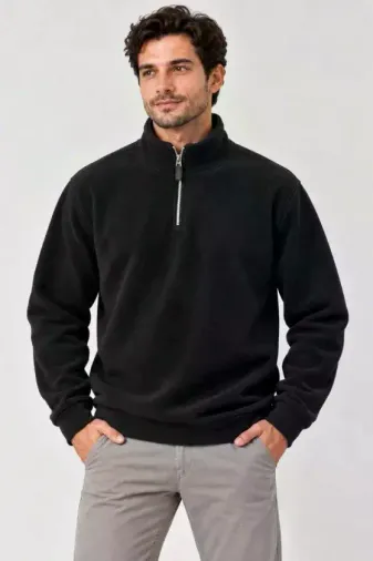 Erkek Polar Dik Yaka Yarım Fermuarlı Uzun Kollu Regular Fit Kışlık Sweatshirt - Siyah - XL - Siyah