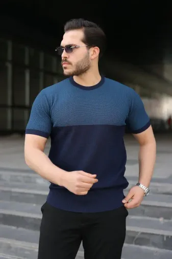 Erkek Renk Bloklu Bisiklet Yaka Kısa Kollu Triko Tişört - L - Lacivert
