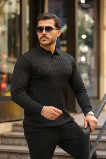 Erkek Saç örgü Desen Uzun Kollu Triko - 2XL - Siyah