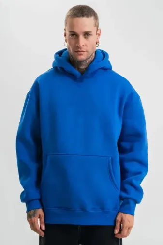 Erkek Saks Mavi Double Oversize 3 İplik Pamuklu Kapüşonlu Kanguru Cepli Sweatshirt Hoodie - Saks Mavi - L - Saks Mavisi