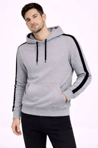 Erkek Şeritli Kapüşonlu Sweatshirt Oversize 3 Iplik Pamuklu - Gri - M - Gri