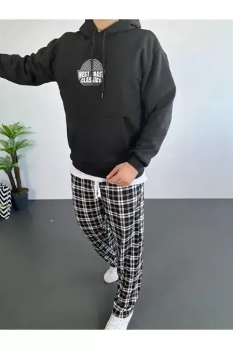 Erkek Sırt Baskılı Kapüşonlu Üç İplik Oversize Sweatshirt - Siyah - XL - Siyah