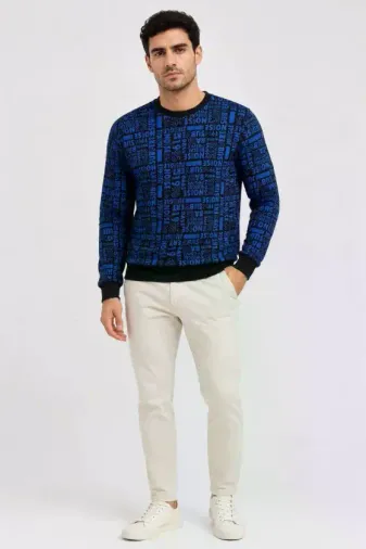 Erkek Siyah Mavi Yazı Desenli İki İplik Şardonlu Sweatshirt - S - Lacivert