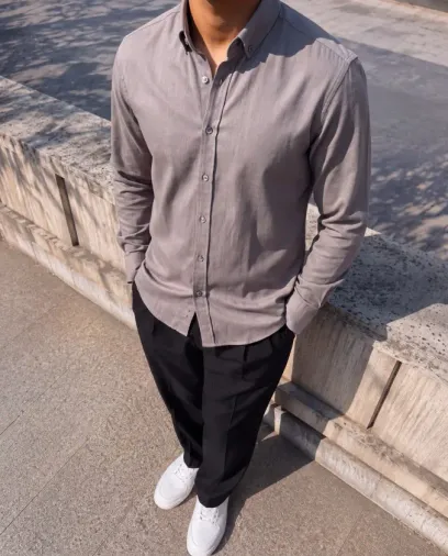 Erkek Standart Kesim Gabardin Kumaş Uzun Kollu Gömlek - XL - Krem