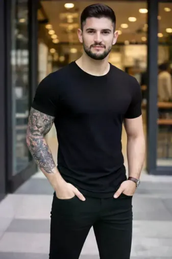 Erkek T-Shirt Bisiklet Yaka Slim Fit Dar Kesim Likralı Tişört Günlük Basic Body - Siyah - S - Siyah