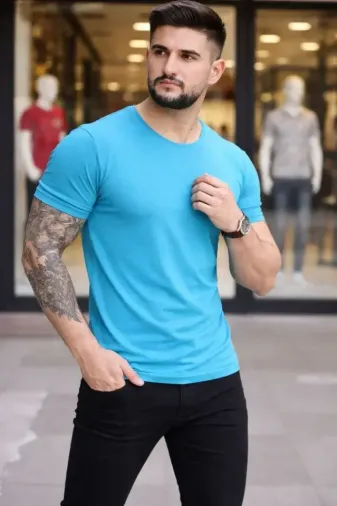 Erkek T-Shirt Bisiklet Yaka Slim Fit Dar Kesim Likralı Tişört Günlük Basic Body - Açık Mavi - 2XL - Açık Mavi