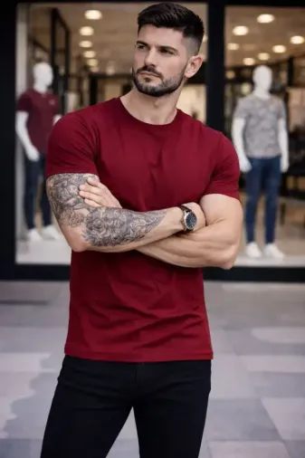 Erkek T-Shirt Bisiklet Yaka Slim Fit Dar Kesim Likralı Tişört Günlük Basic Body - Bordo - 2XL - Bordo